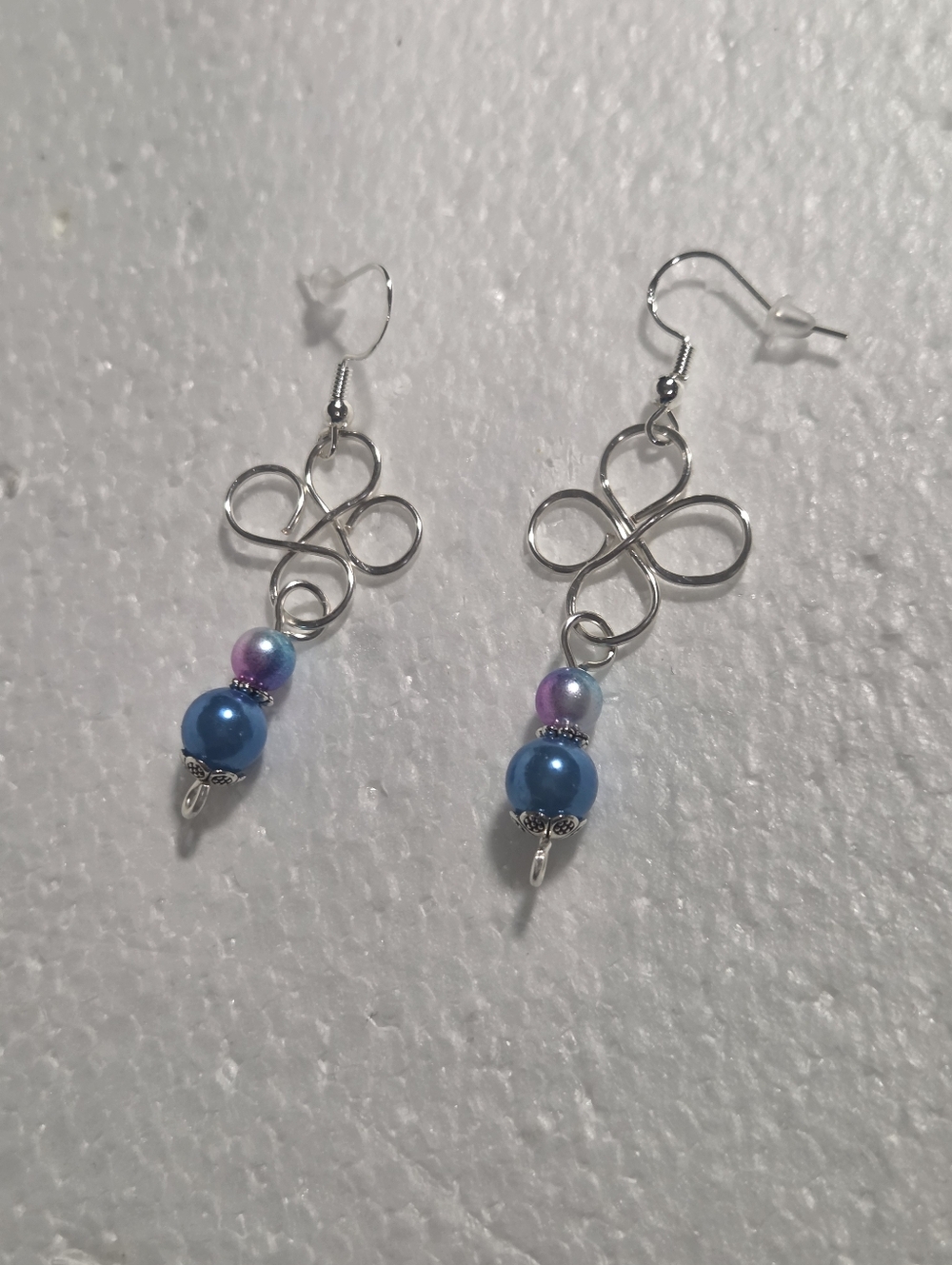 Handcrafted Silver Clover Dangle Earrings with Blue and Purple Beads